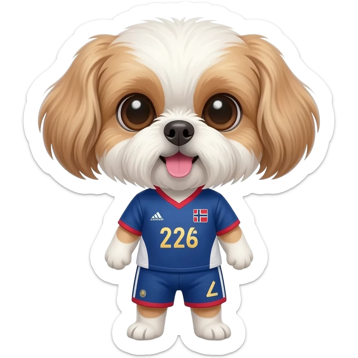 white and light brown shih zhu wearing a Norway soccer jersey v neck 2026 work cup sticker