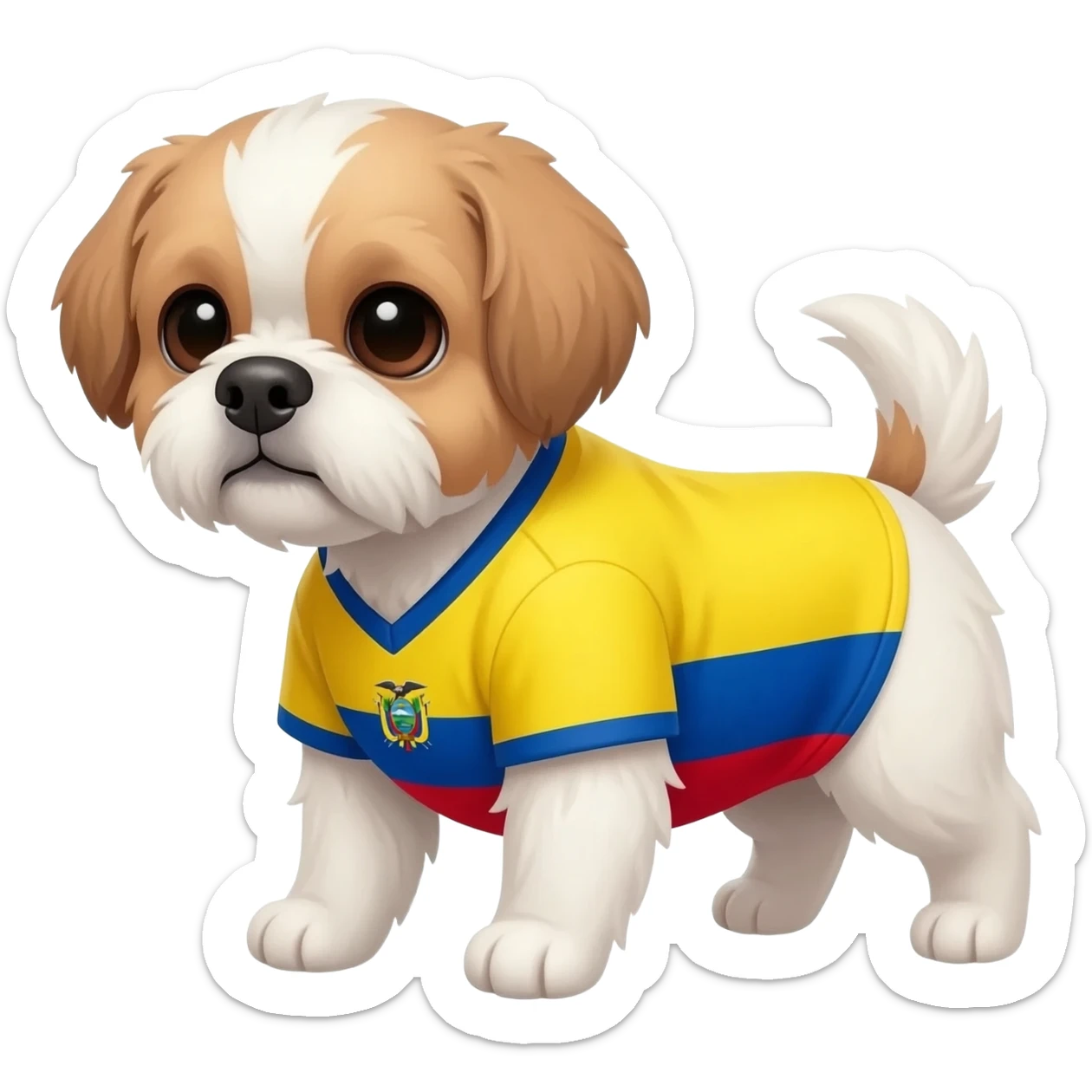 white and light brown shih zhu wearing a Ecuador soccer jersey v neck 2026 work cup sticker