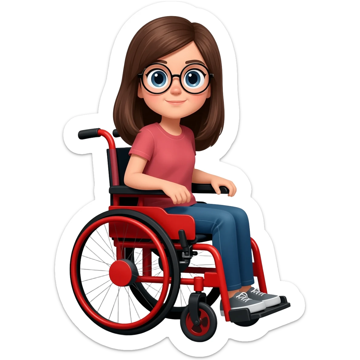 Brown hair girl with circle glasses in a rayo McQueen wheelchair sticker