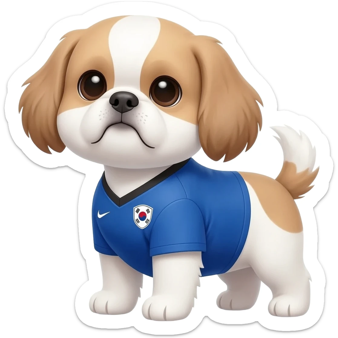 white and light brown shih zhu wearing a South Korea soccer jersey v neck 2026 work cup sticker