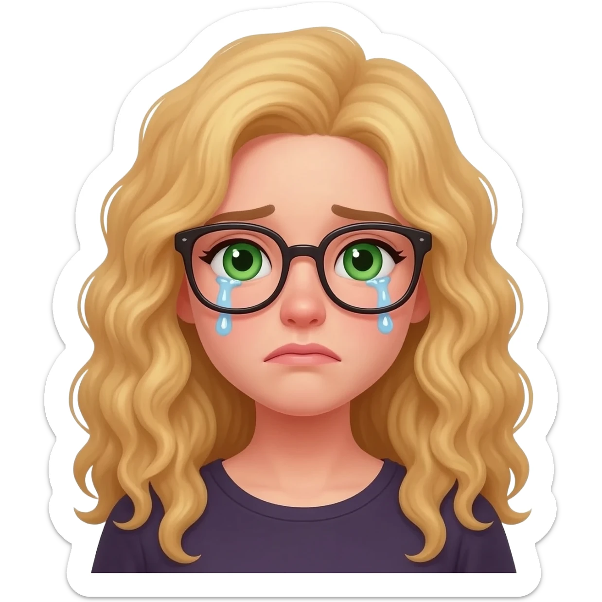 green crying woman with long curly blonde hair an glasses sticker