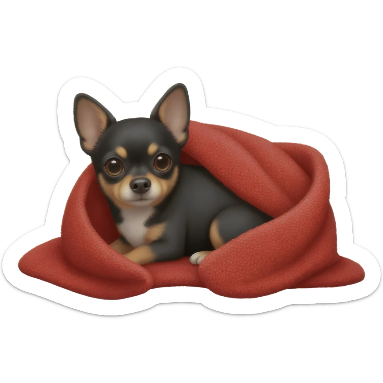Black chihuahua in a red blanket sticker