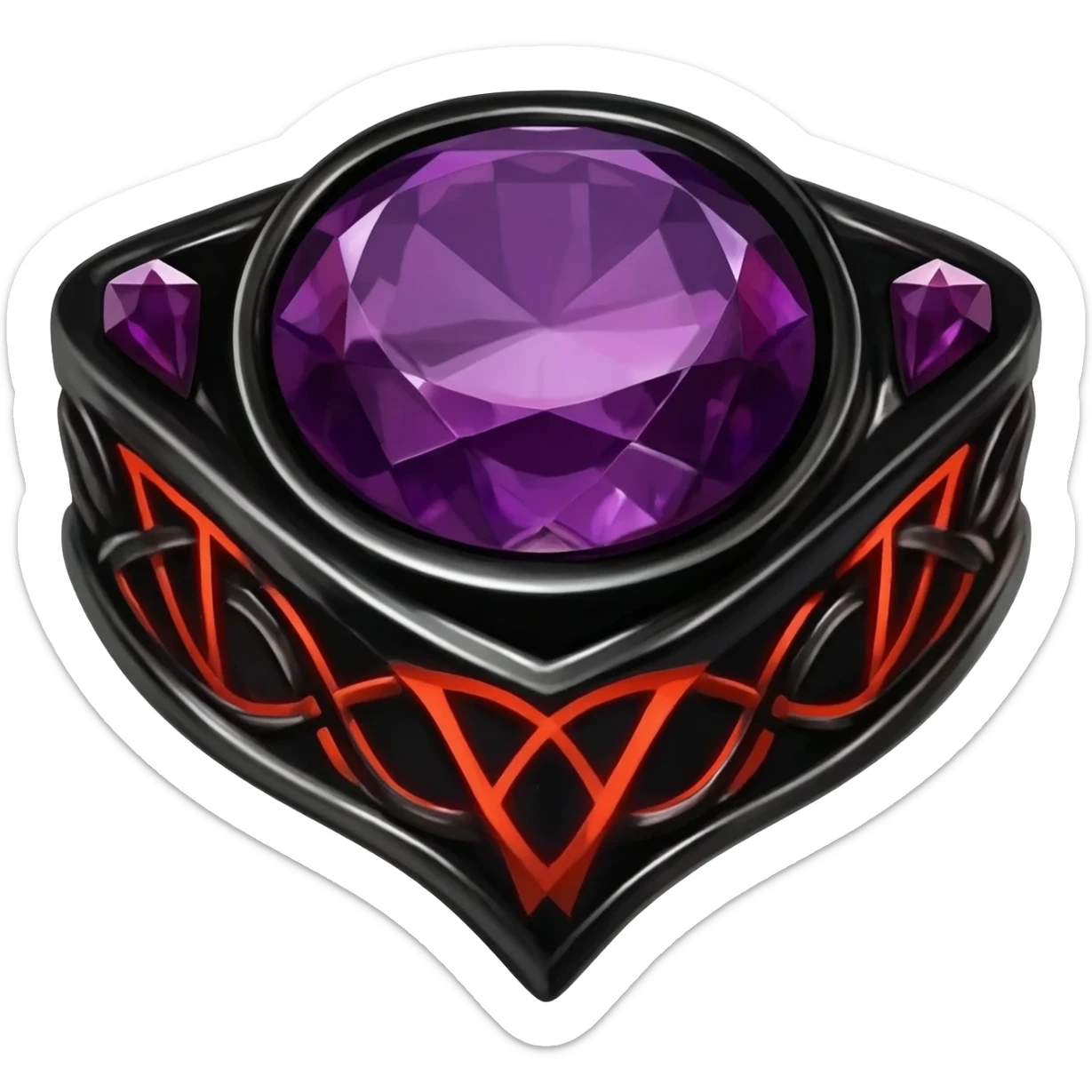 A fancy Obsidian Ring with a purple gem and intricate symbols craved into the ring that glow red sticker