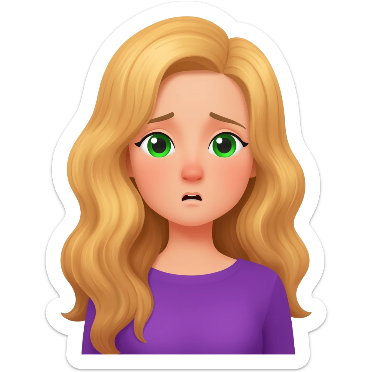 lady with long wavy blonde hair, purple top, green eyes, sneezing sticker
