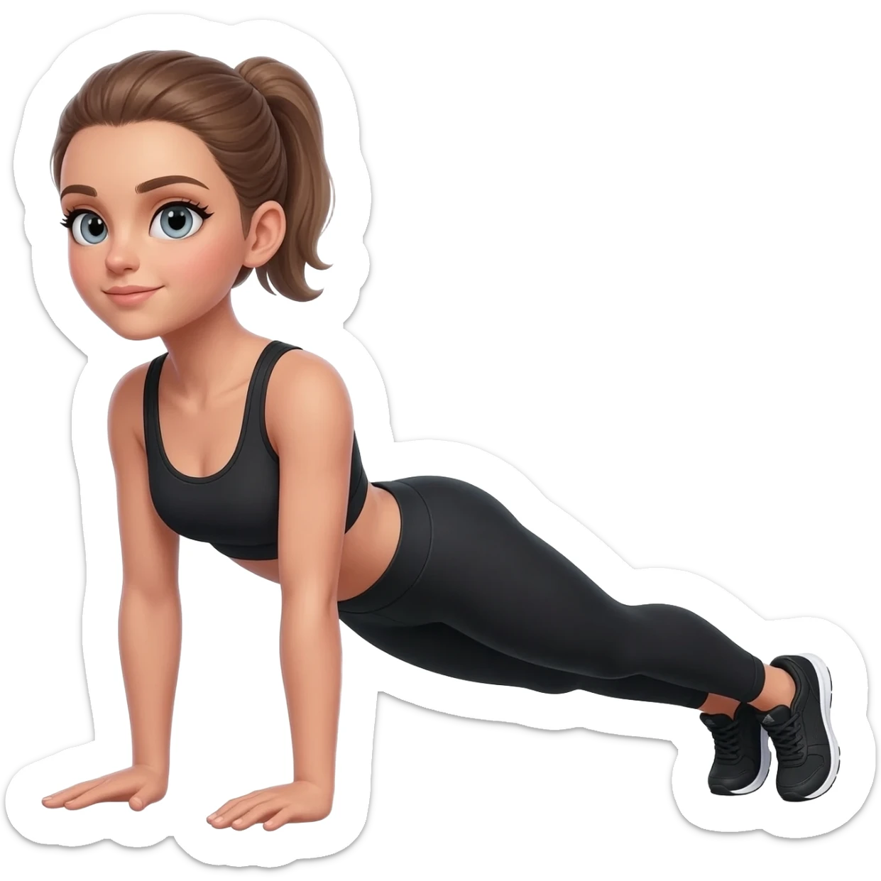 cat-cow stretch, fair-skinned woman, light gray-blue eyes, ash brown brows, ash light brown hair tied back, slim athletic body, black workout set, black sneakers with white soles sticker