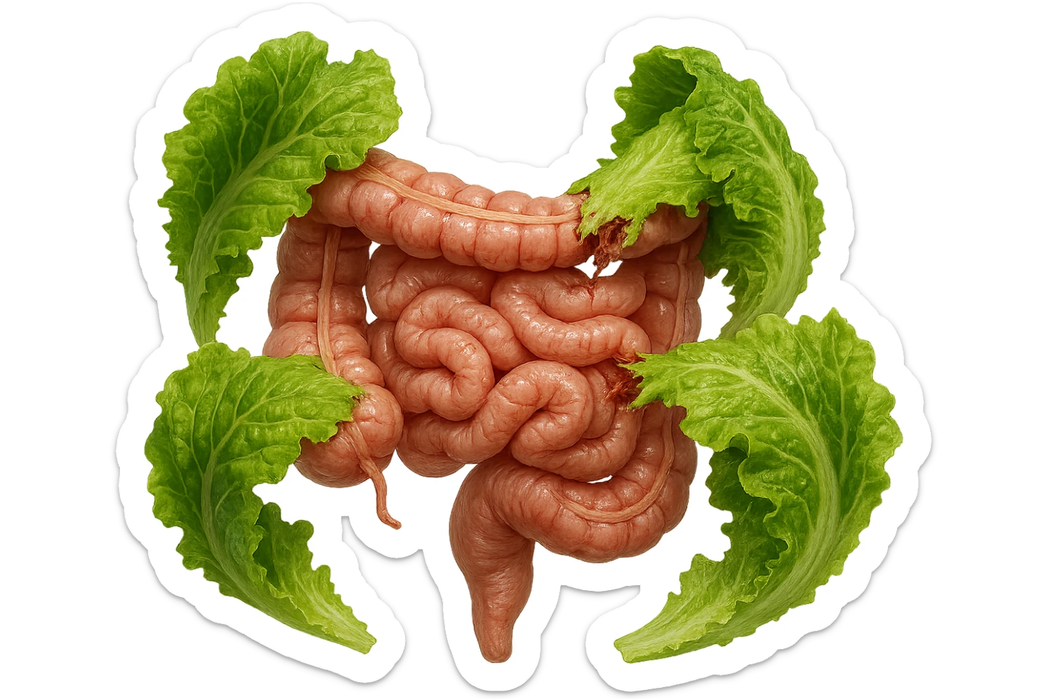 foglie di insalata che attaccano un intestino anatomico umano per distruggerlo, iperrealistico sticker