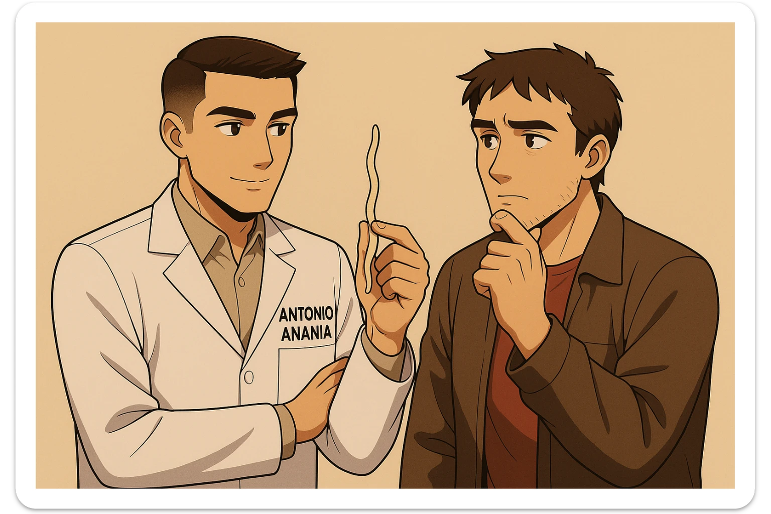 fai un webtoon manga a colori con questo stile, in cui un uomo ascolto il kinesiologo con il camice bianco (fagli anche la scritta "ANTONIO ANANIA" SUL CAMICE, il kinesiologo con il camice mostra un verme lungo e beige chiaro all'uomo, IL KINESIOLOGO SPIEGA ALL'UOMO UNA cosa. L'UOMO ha un ESPRESSIONE pensierosa IN VOLTO mentre si tocca il mento con l'indice. non fare i fumetti però, fai solo in modo che sembri stiano parlando sticker