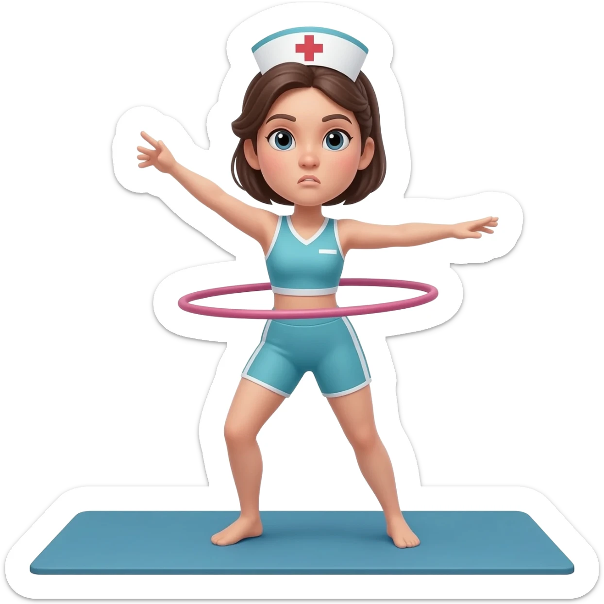 A female nurse athlete performed aerobics exercises for with a hula hoop on an exercise mat. She poop sticker