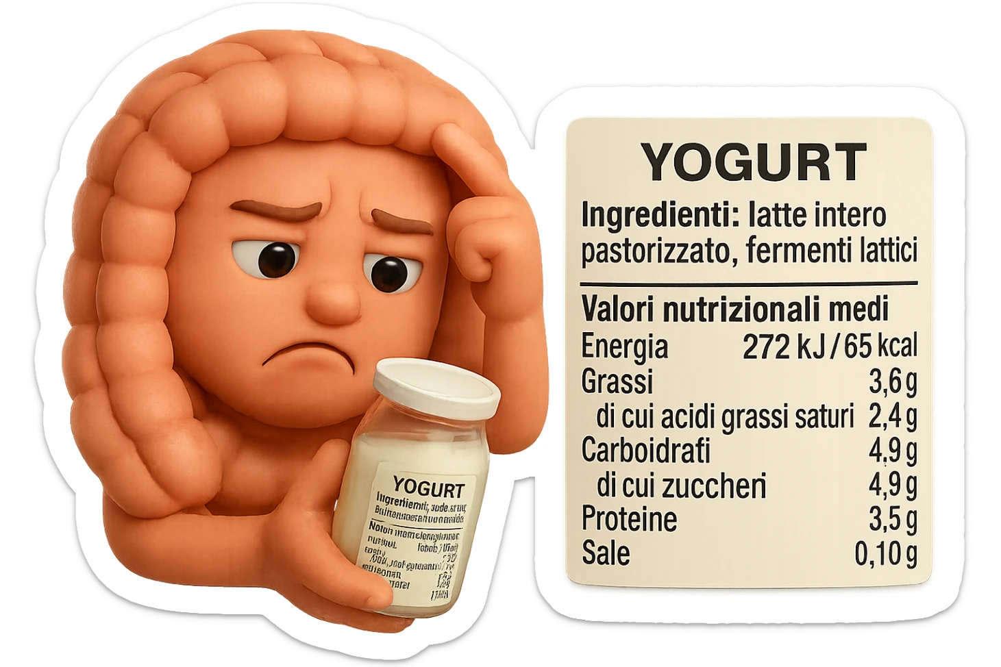 SU QUESTO STILE FAI UN EMOJI STILE IPHONE 3D DI UN INTESTINO CHE HA IN MANO UN BARATTOLO DI YOGURT CONFEZIONATO DA SUPERMERCATO E LEGGE L'ETICHETTA NUTRIZIONALE CON GLI INGREDIENTI IN ITALIANO, ACCANTO ALLO YOGURT CHE HA IN MANO C'è UN FOCUS SULL'ETICHETTA CON GLI INGREDIENTI SCRITTI, FAGLI UN ESPRESSIONE CONFUSA MENTRE LEGGE E FALLO MOLTO REALISTICO IN 3D sticker