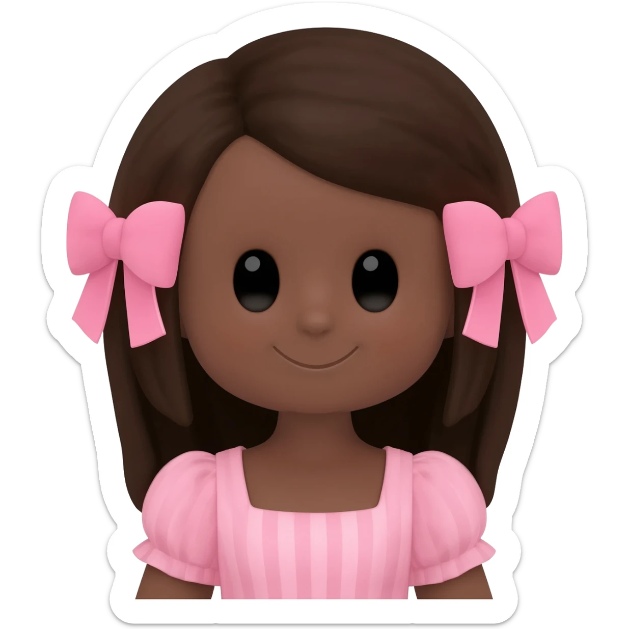 Doll, big chest, dark brown skin, dark brown hair, black cute eyes, pink bows with cute lips sticker