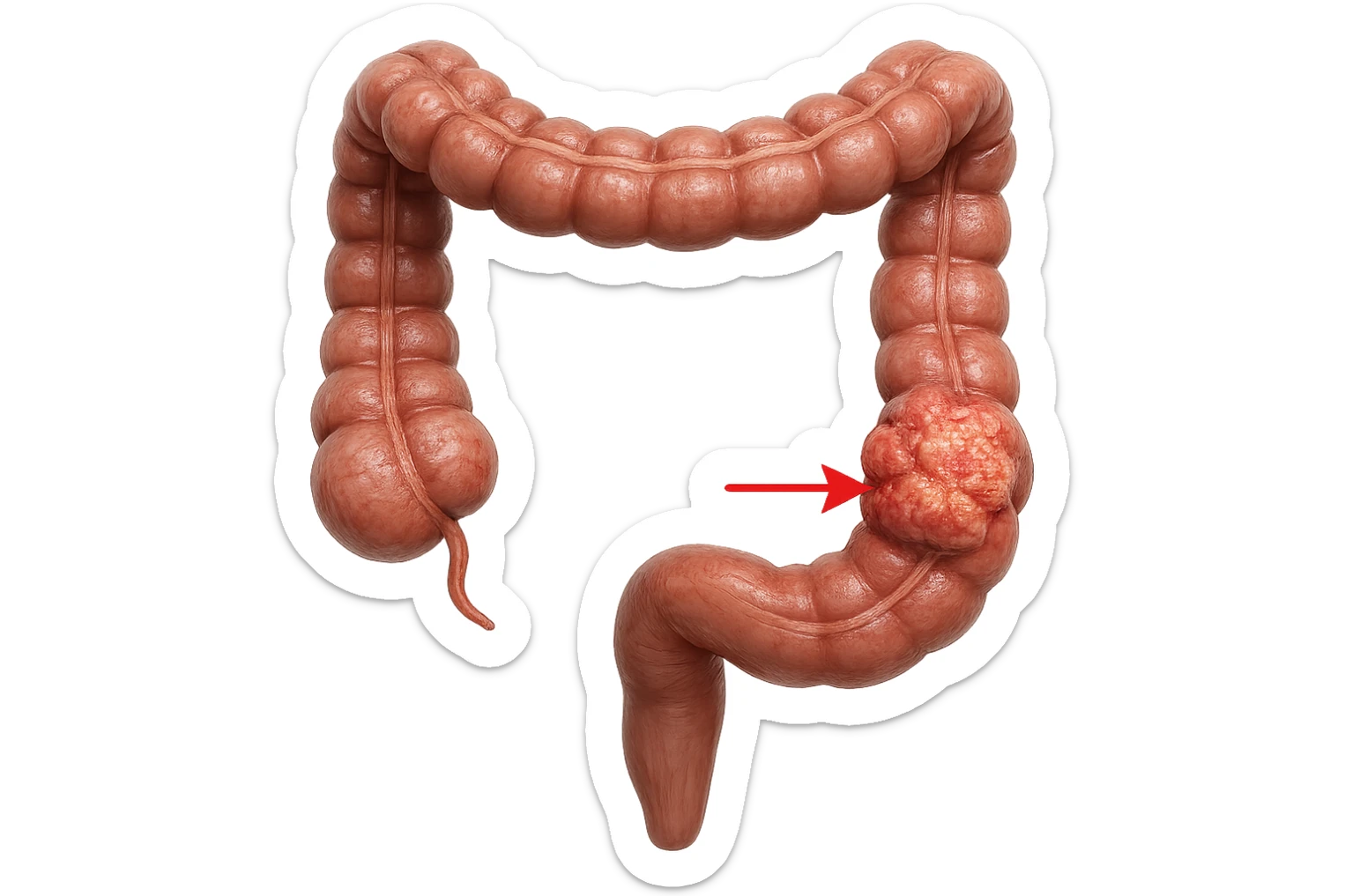 colon umano anatomico realistico malato di cancro, fai un punto visibile in cui si nota proprio la massa tumorale, iperrealistico 4k sticker