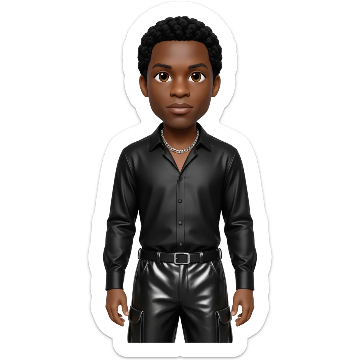 James Brown with dark brown eyes, black hair, black metallic shirt, black metallic baggy pants, silver necklace sticker
