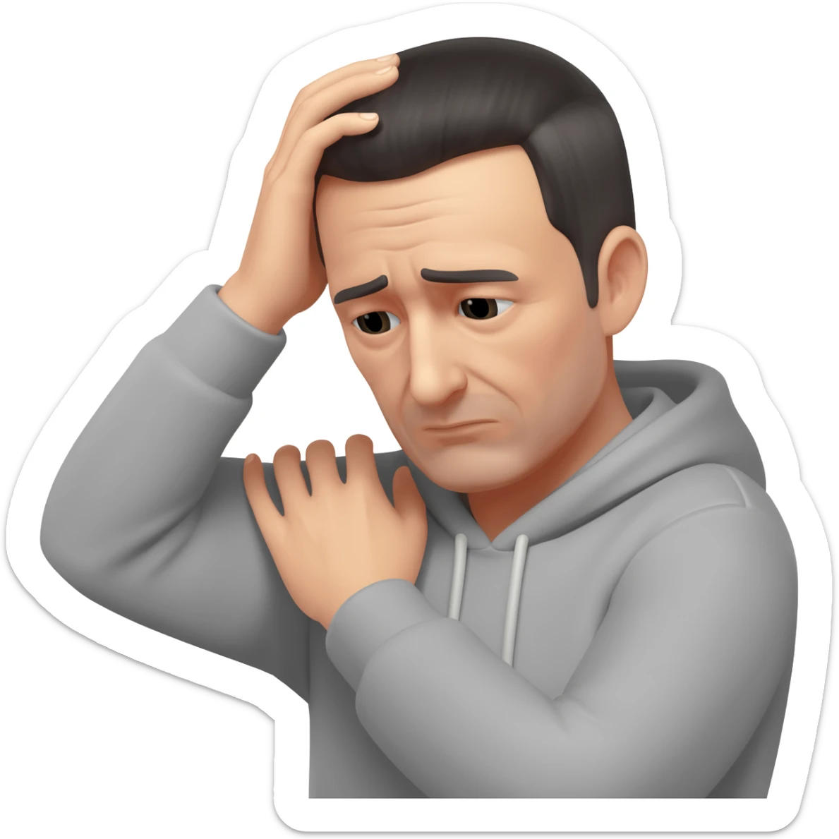 A man who is depressed with his left arm draped over the top of his head so the inside of his left elbow is on the very top of his head where hair grows from and his left hand is touching his right shoulder sticker