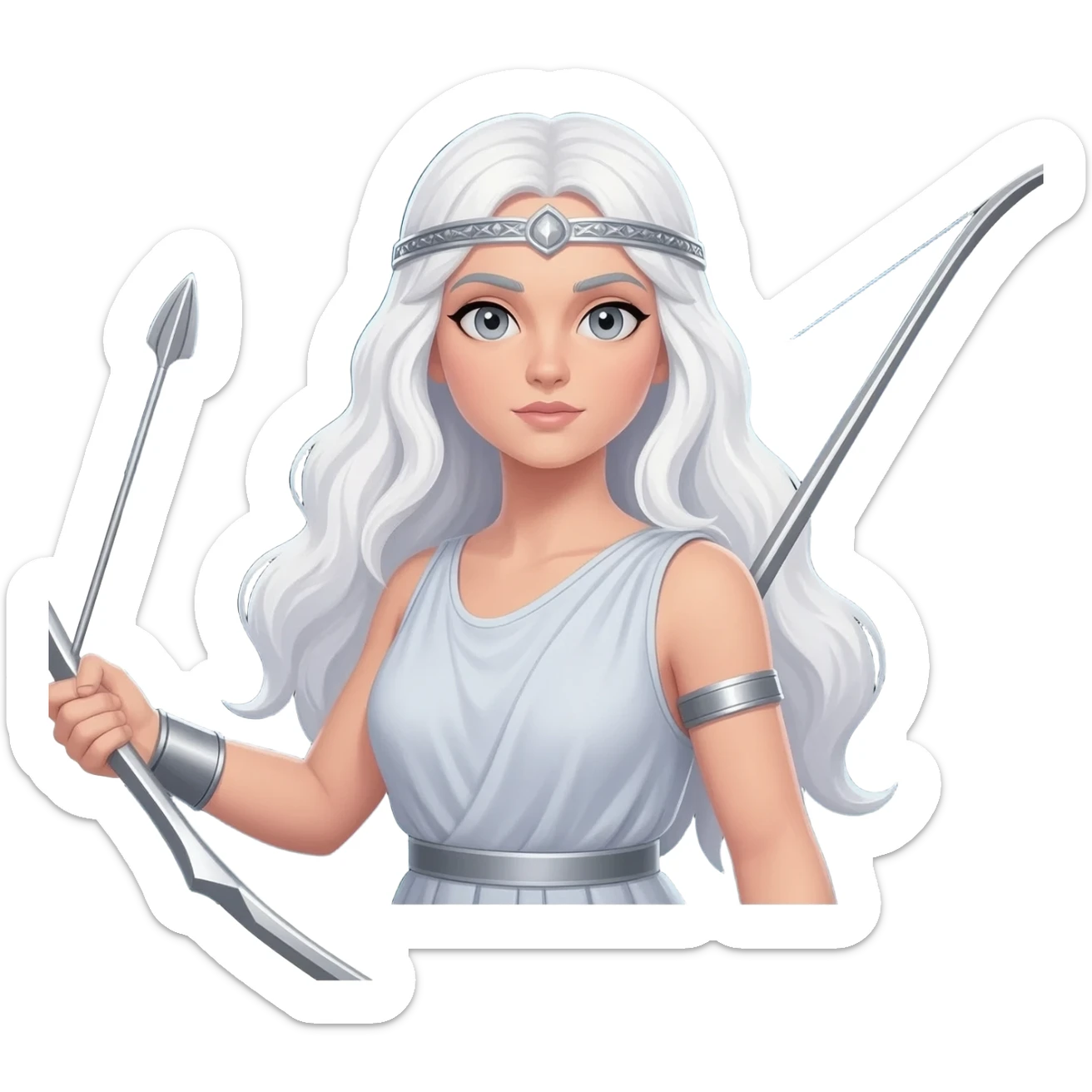 Artemis from Greek Mythology with grey eyes, long white hair, silver sticker