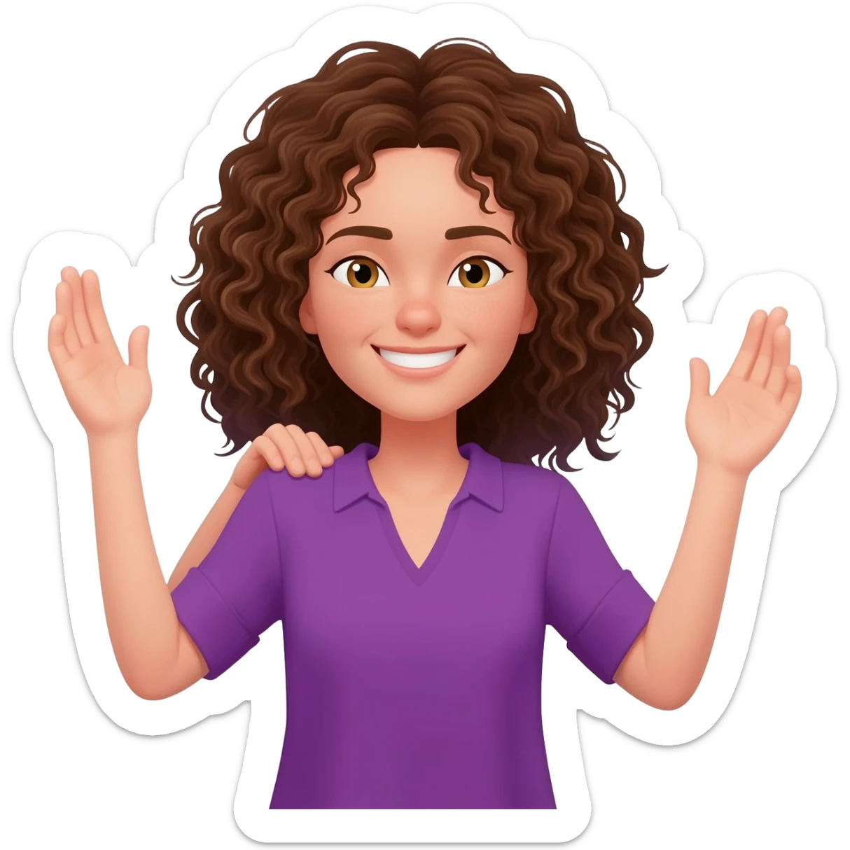 smiling face, brown curly shoulder length hair, hair touching shoulders, hazel eyes, pail skin, purple v-neck shirt, arms up in an emoji shrug position. sticker
