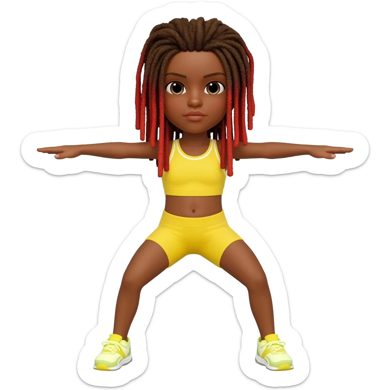 African American girl with shoulder length dreadlocks brown with red tips,  In yellow working out clothes in various work out poses sticker