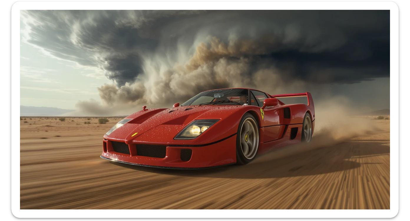 Cinematic still of a ferrari f40 around tornado od arizona desert, sun flare, captured by gopro hero with effect fisheye, water drops on car body, detailed, inspired by interstellar look, captured by a RED Weapon 8K sticker