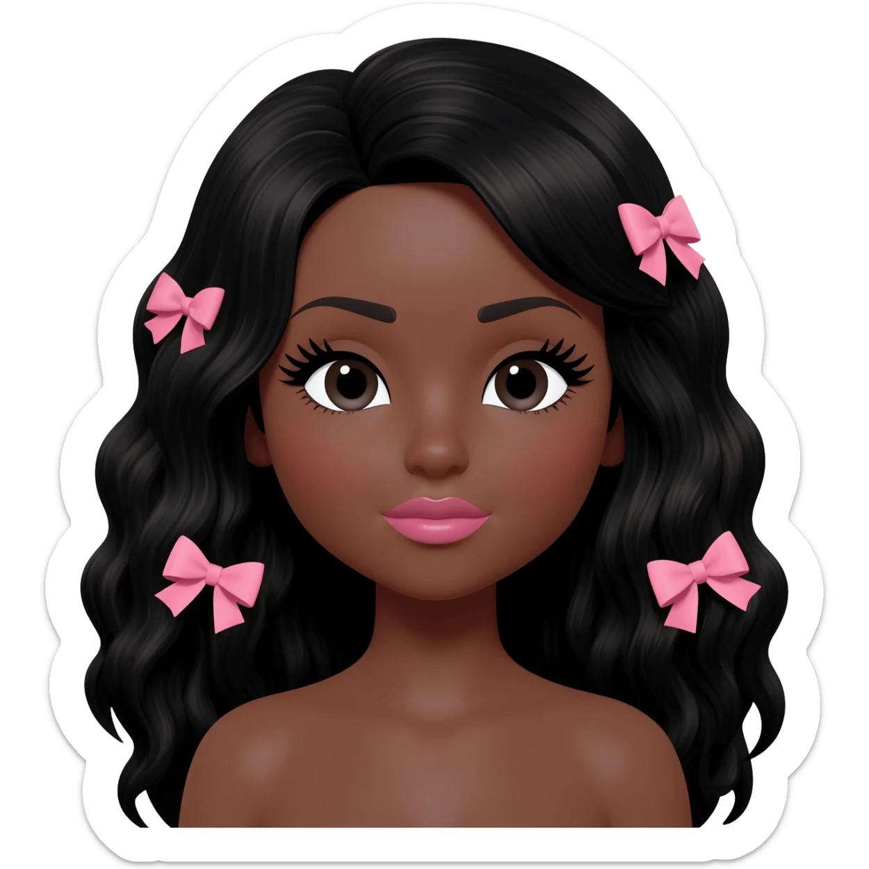 Doll with darkbrown skin with long black wavy hair with pink bows, lashes, cute lips sticker