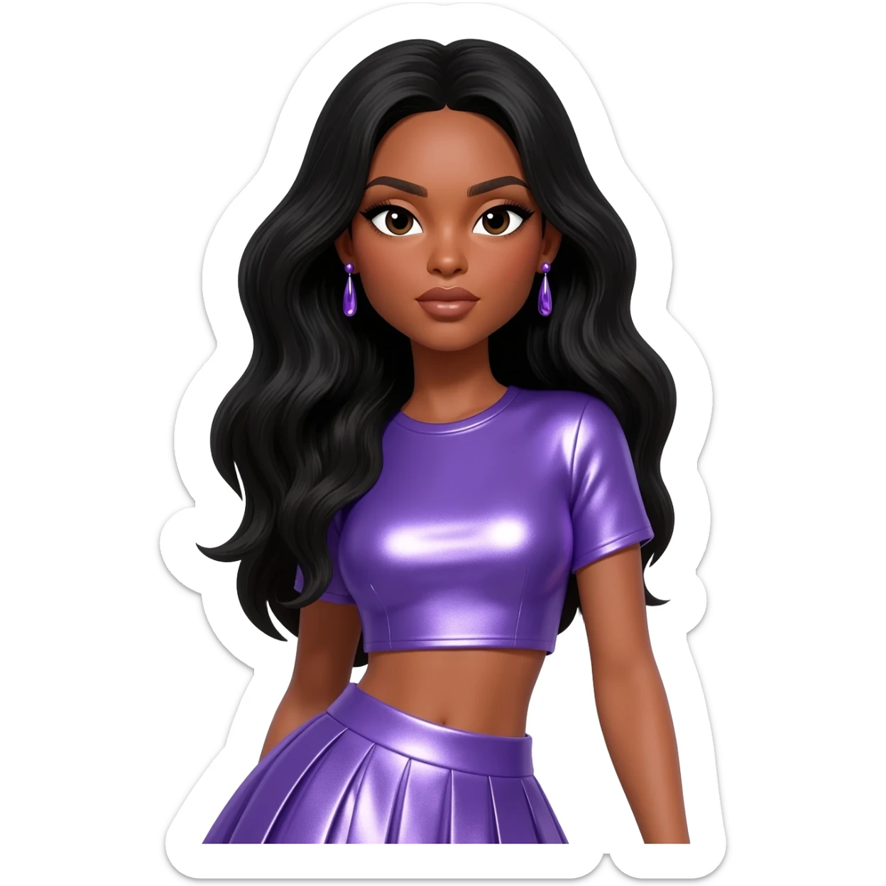 Solange with long black hair, periwinkle metallic crop top, periwinkle metallic skirt, periwinkle earrings sticker