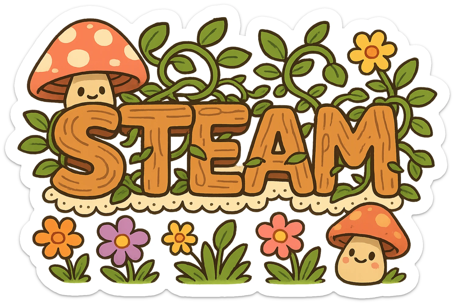 cartoon-style cottagecore Steam logo: chunky soft wood and vines, big lace trim, smiling mushrooms, colorful flowers, bright playful colors, no text sticker