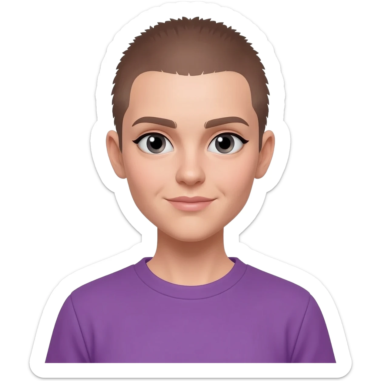 White skin ,  female, brown buzzcut, purple shirt, light eyes sticker