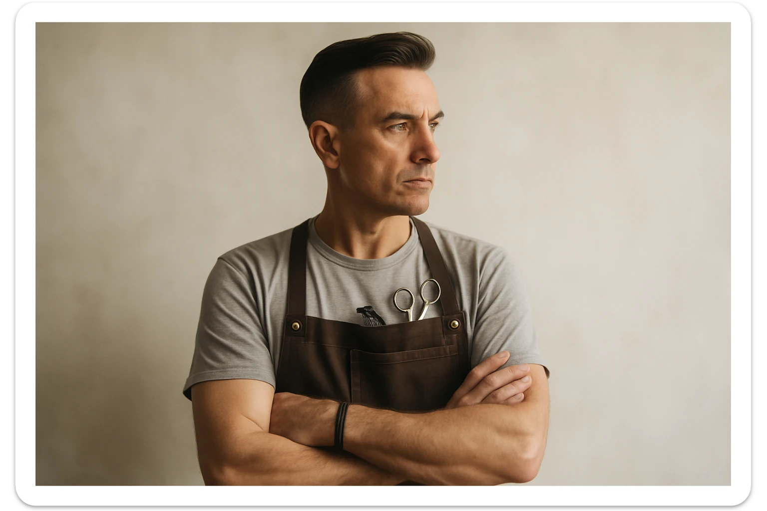 shu pozada turgan faqat chap tarafga qarab turgan sartarosh ustani tasvirlab ber realistik uslubda yoshi kattaroq soqol shart emas sticker