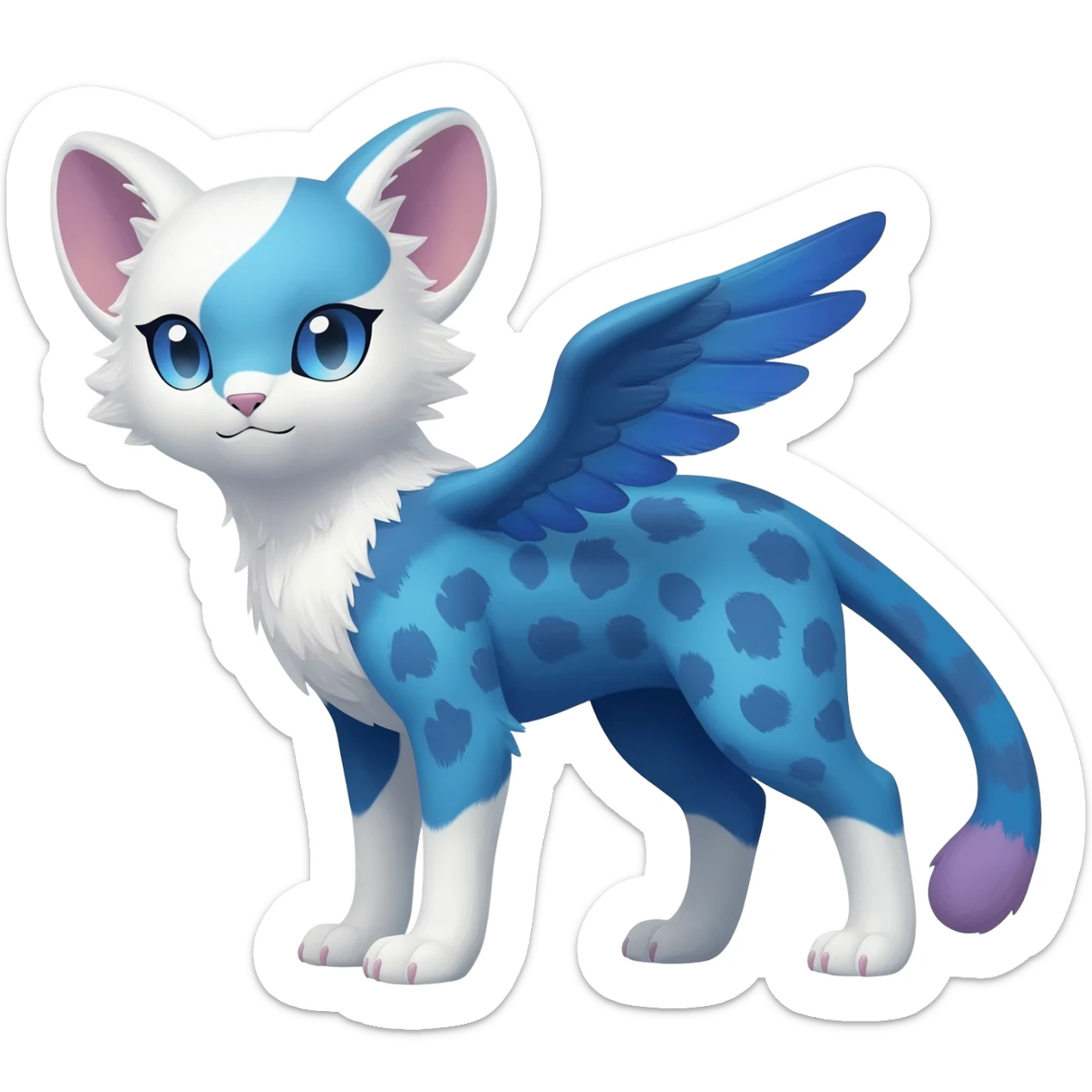 Winged hyper-realistic Feral Rare realistic edgy cute, white, blue, beautiful handsome gorgeous aesthetic colorful vibrant Vernid-Trico-Silvally-Nargacuga-Gryphon-Snow-Leopard-fusion-hybrid-species-Fakemon-creature by LiLaiRa, splotch-rosettes fur markings, rounded ears, full body sticker