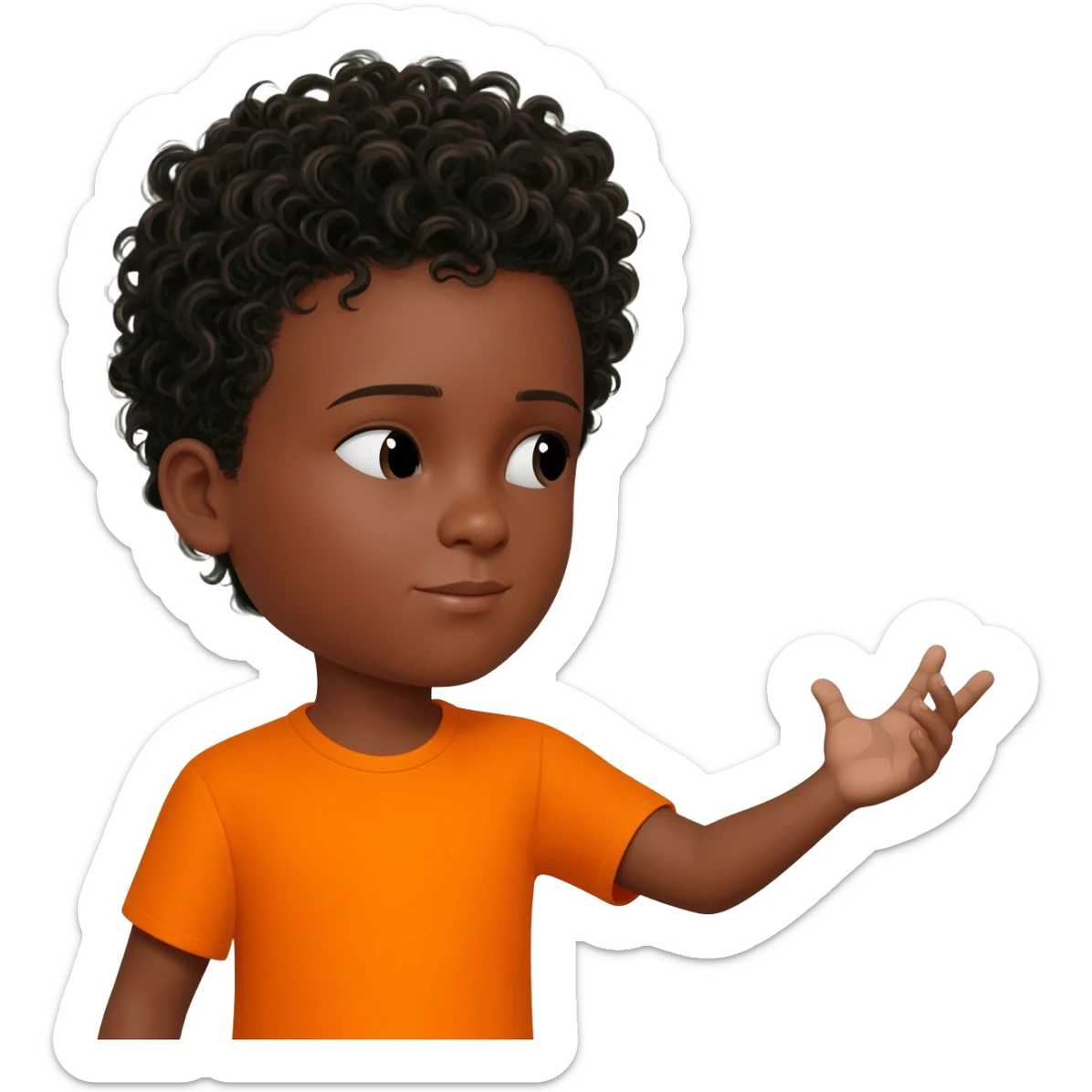 black boy curly hair orange shirt reaching for something sticker