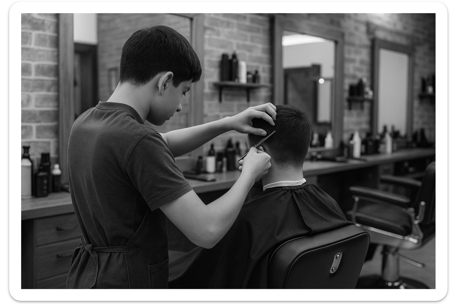 yuzi ko'rinmasin sartaroshxonada ishlayotganini tasvirlab ber mijozlarni sochini olayotganini o'smirin davrini sticker