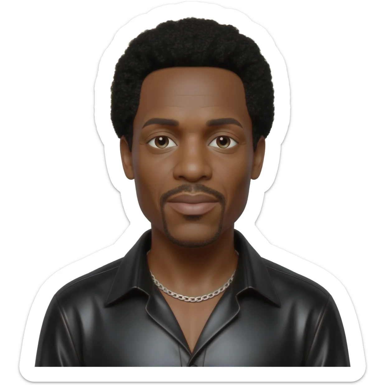 Ike Turner with black hair, black metallic shirt, silver necklace sticker