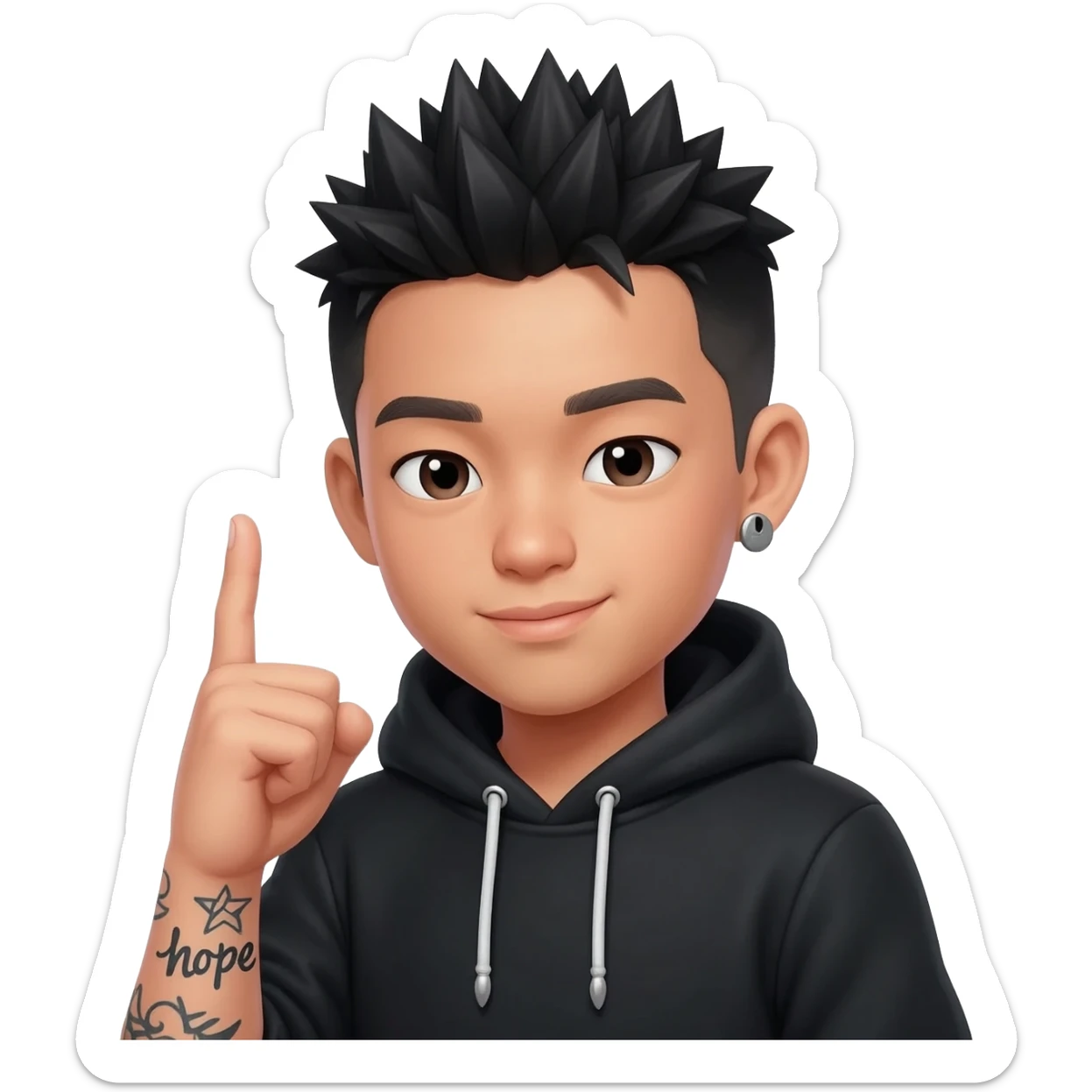 japan boy with spiky hair and black hoodie zip one-sided earrings tattoo with the word "hope". sticker