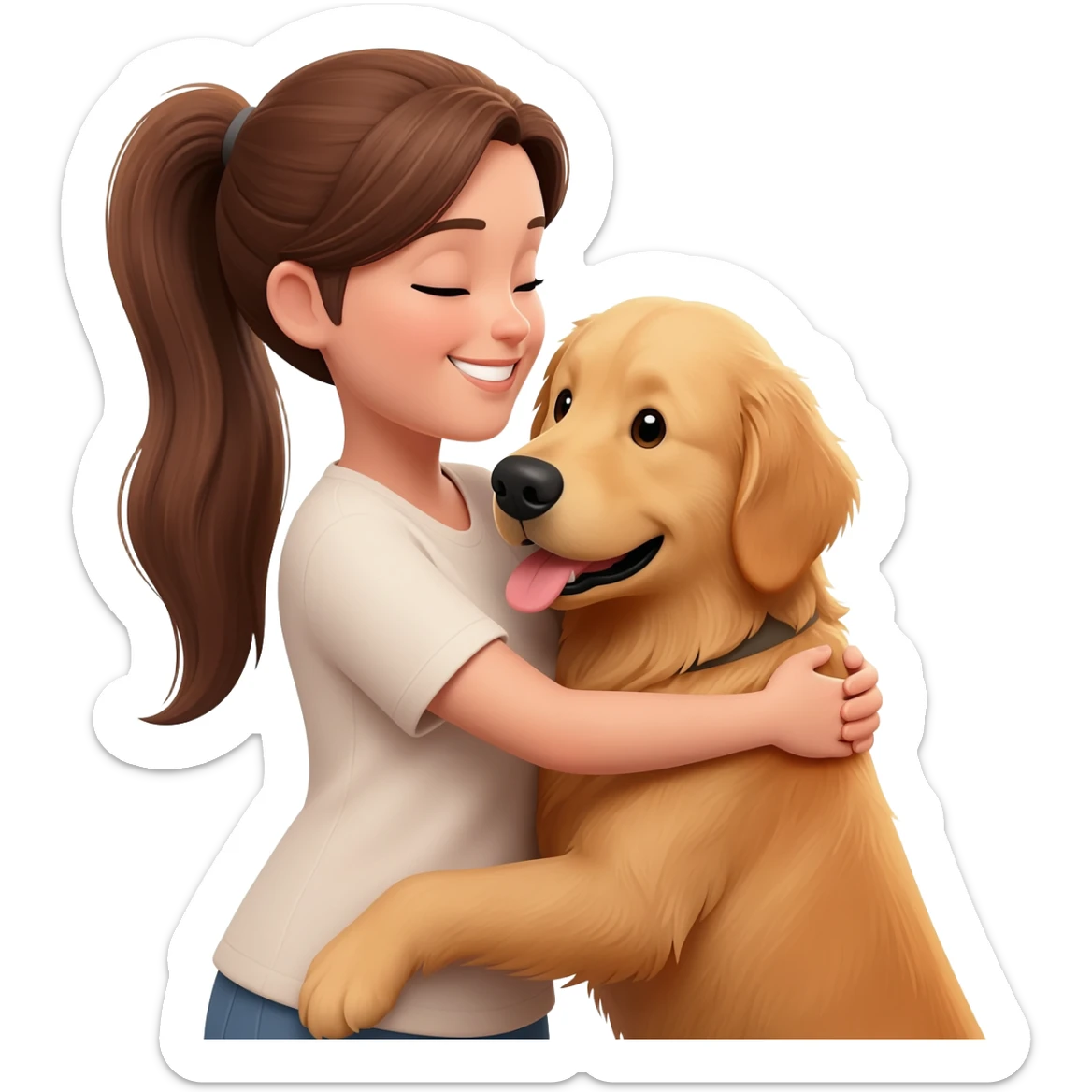 woman using ponytail brownhair is hugging a golden retriever dog sticker