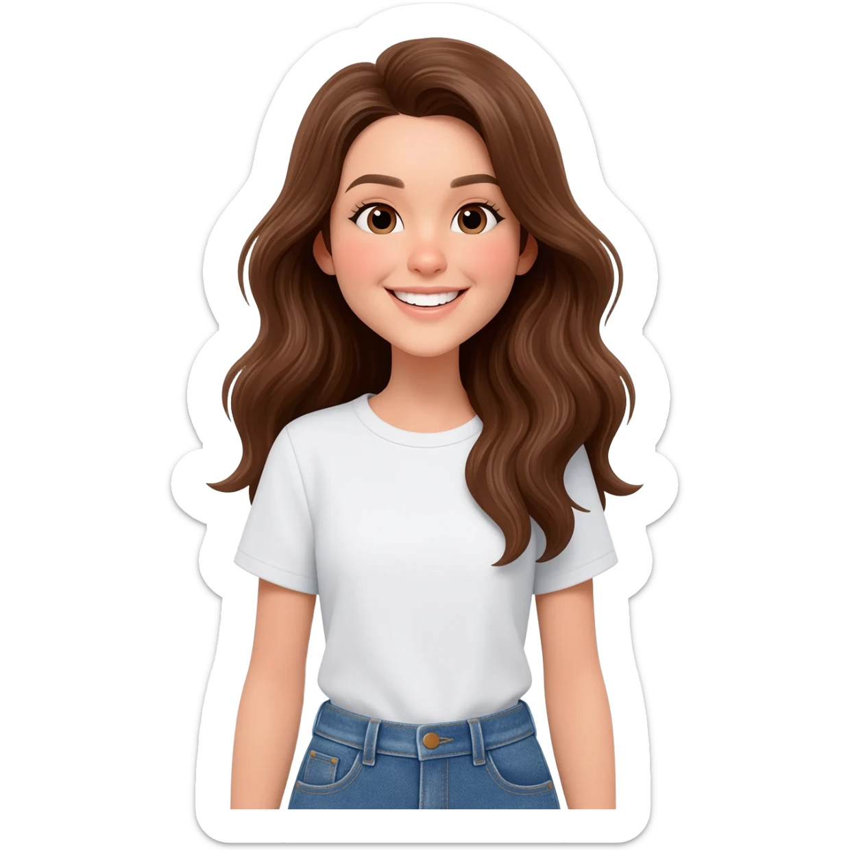 chica guapa con pelo castaño largo y ojos castaños con ropa casual sonriente sticker