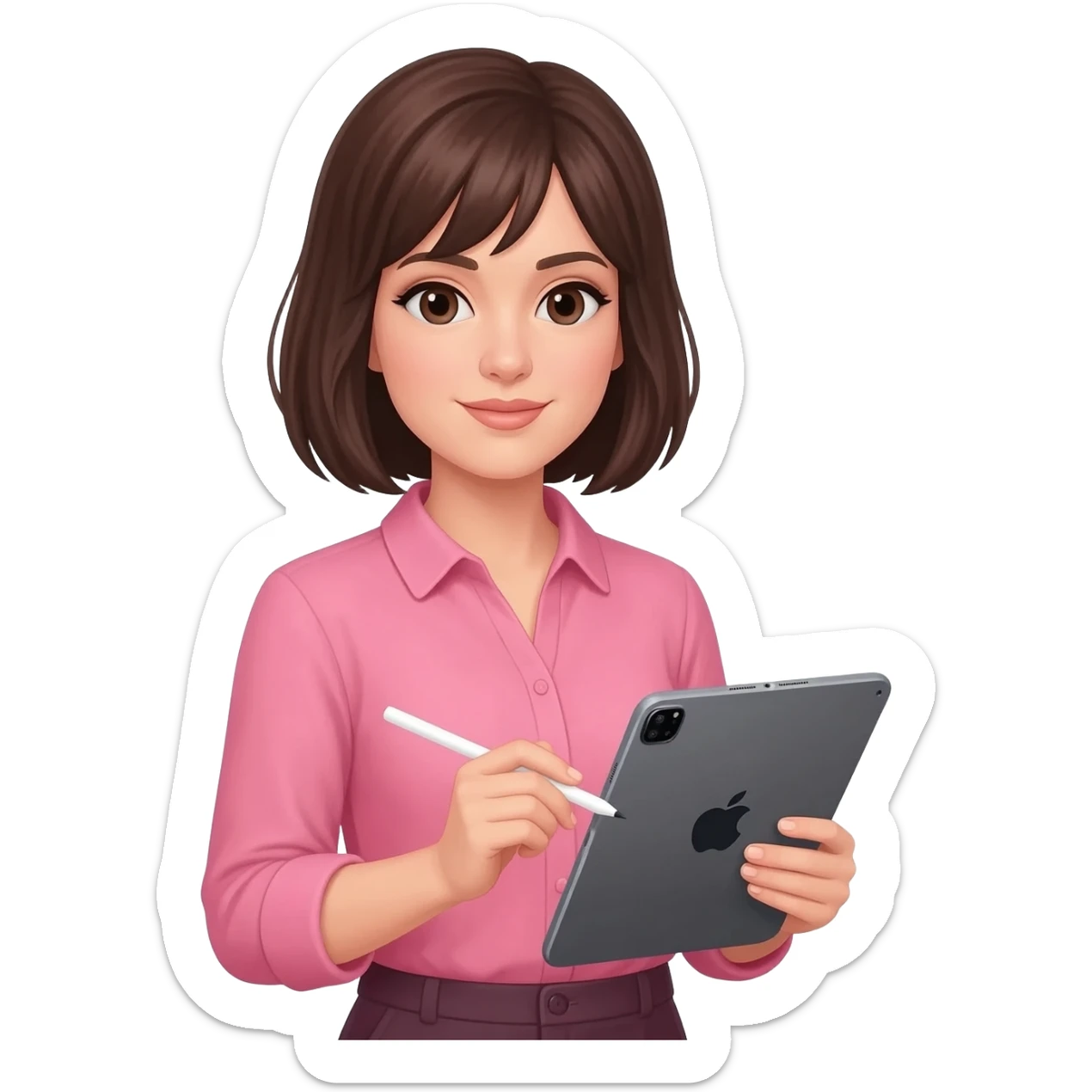 Brune aux cheveux court sans frange qui prend son temps tout doucement avec son grand iPad et un Apple Pencil. Vêtements rose sticker