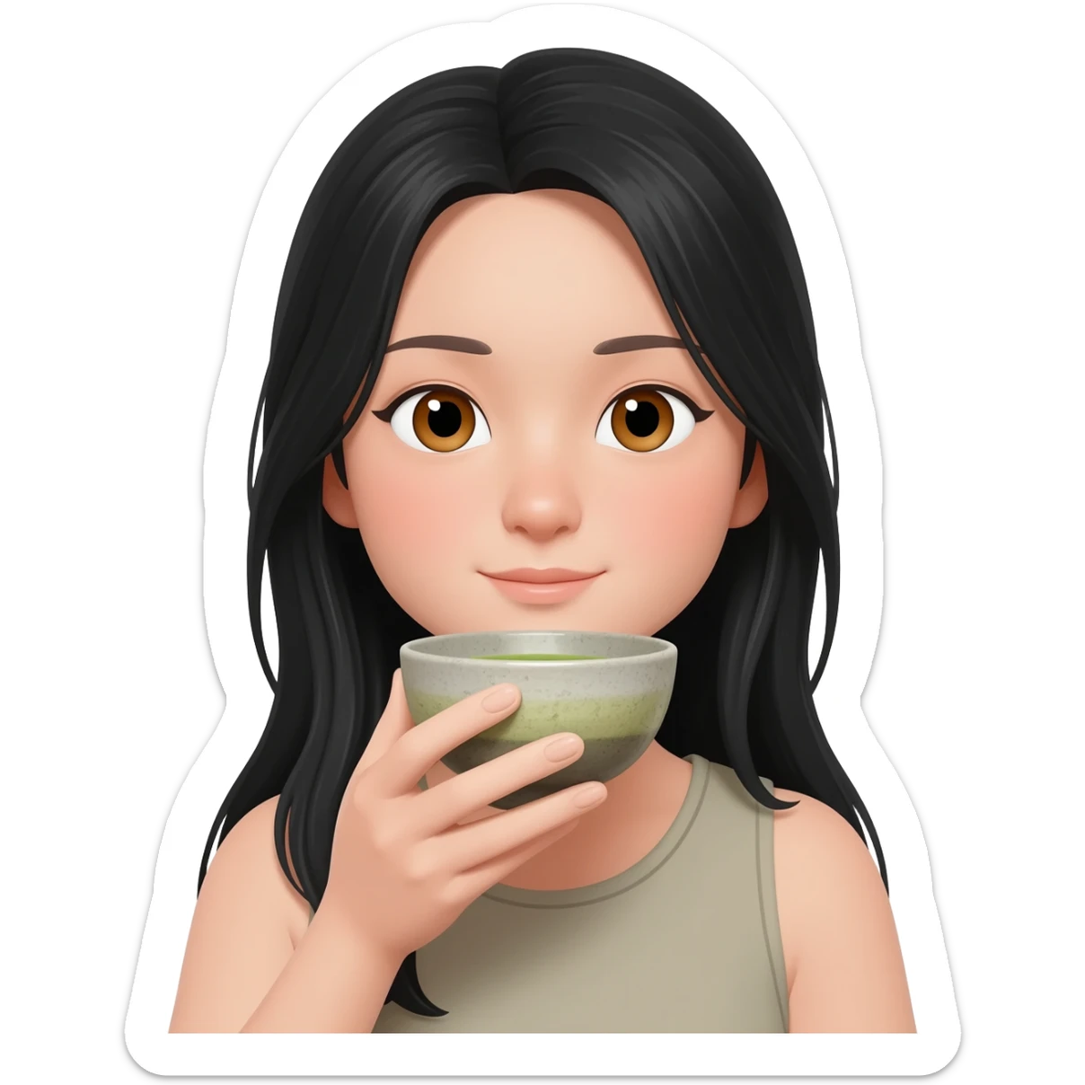 girl drink matcha black long hair hazel eyes sticker