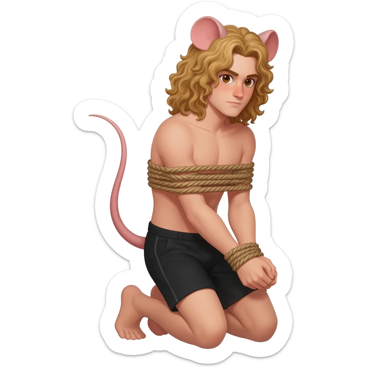 man with brown eyes, curly long blond hair. he has rat tail and rat ears. he dressed in black shorts. he is on his knees. her arms are tied up with ropes sticker