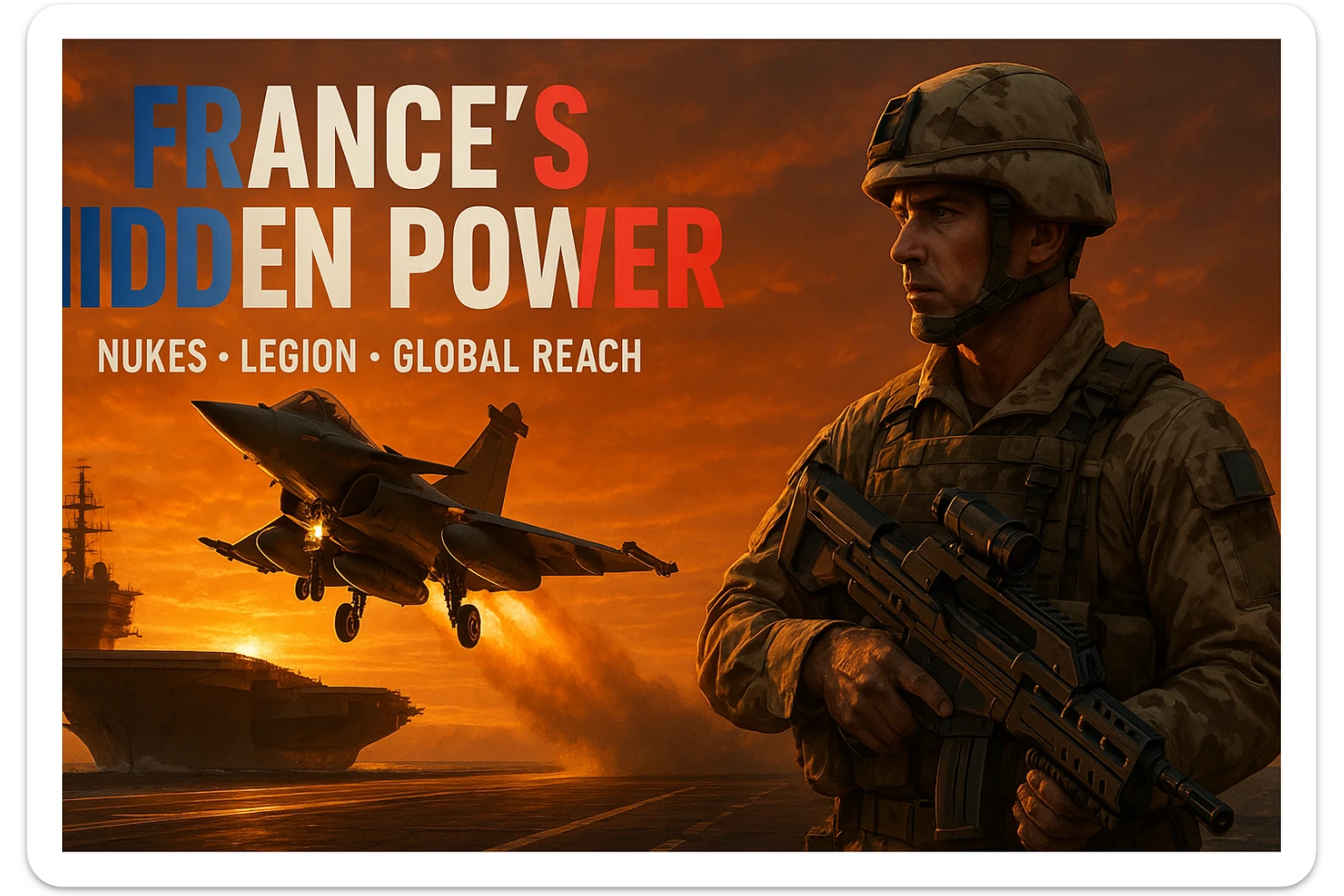 Epic 16:9 sunset: Rafale jet taking off from Charles de Gaulle carrier, orange sky. Foreground: French Foreign Legionnaire in desert camo with a sci-fi rifle. Bold French flag-colored headline: ‘FRANCE’S HIDDEN POWER’. Subtext: ‘Nukes • Legion • Global Reach’. 8K, dramatic lighting, cinematic and epic style. sticker