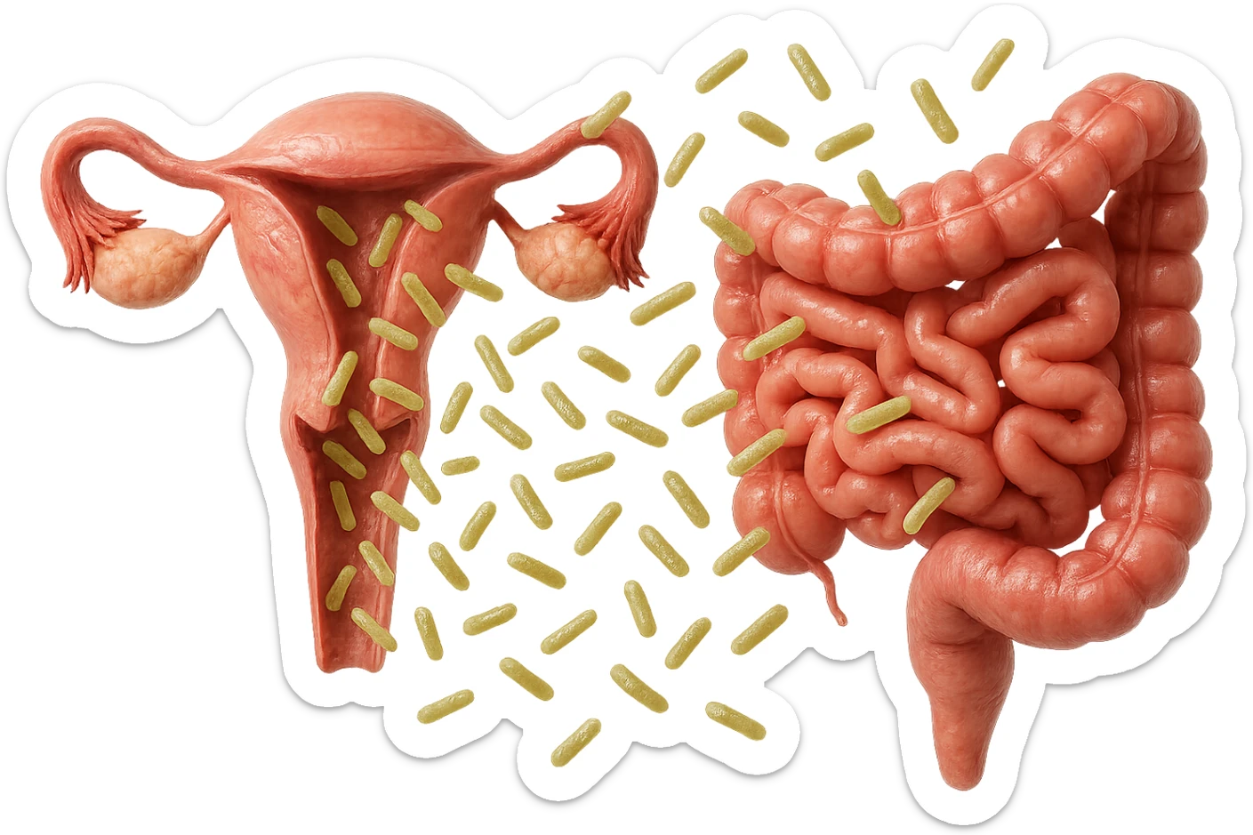 UTERO UMANO E INTESTINO ANATOMICI REALISTICI SONO UNO ACCANTO ALL'ALTRO E SI PASSANO I BATTERI A VICENDA, CON BATTERI CHE ESCONO DALL'INTERNO, IPERREALISTICO 4K, NON DISEGNATO sticker