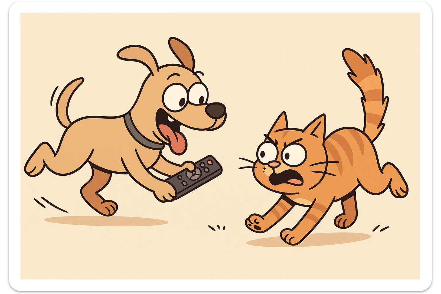 a cute dog with a TV remote, chasing a cat, lively and humorous, cartoon style sticker