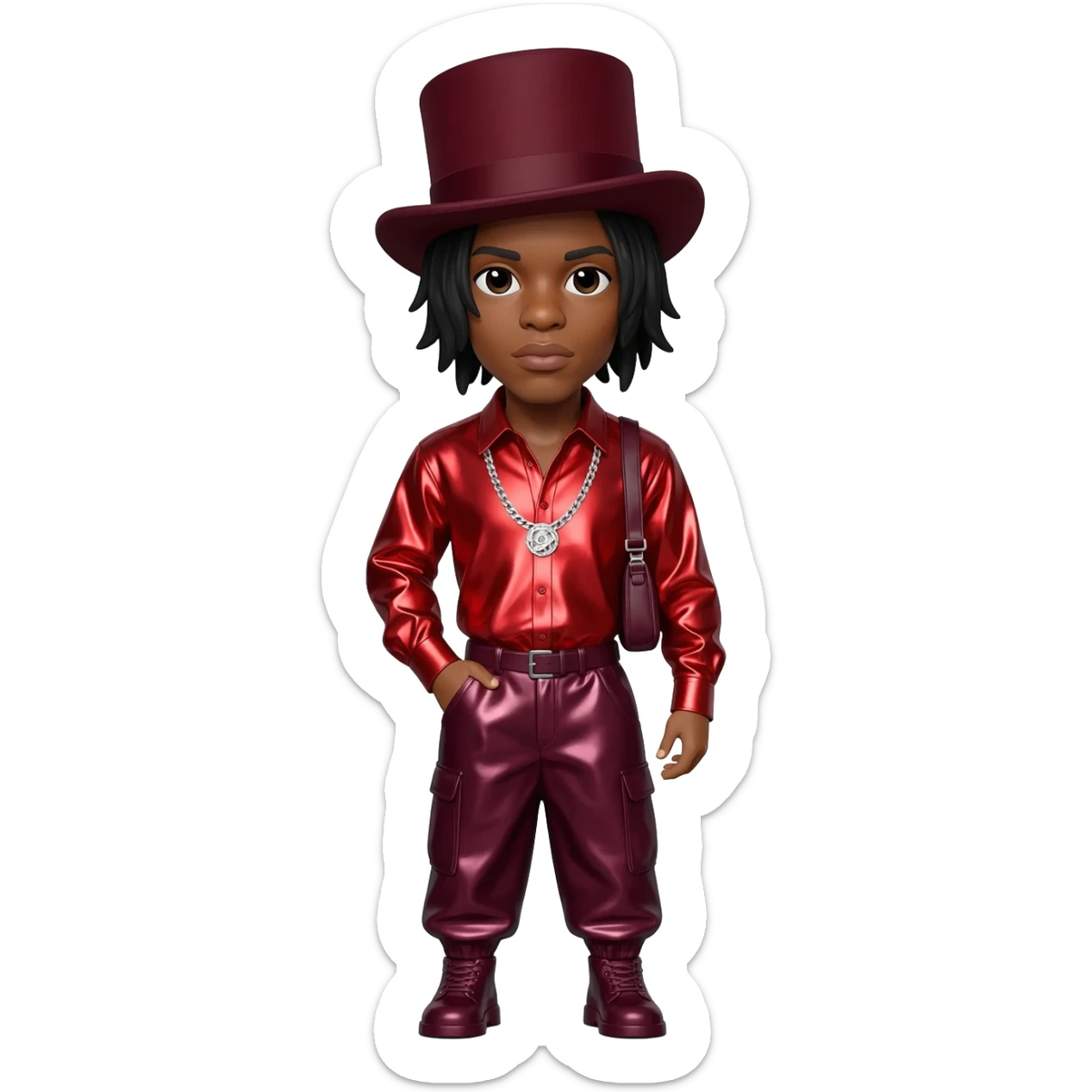 Ginuwine with black short hair, dark red top hat, red metallic sleeve shirt, burgundy metallic baggy pants, silver necklace sticker