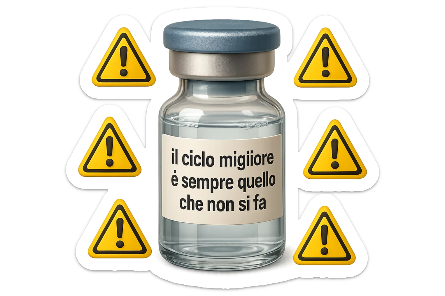 SU QUESTO STILE FAI UN EMOJI STILE IPHONE 3D DI UNa boccetta di fiala medica attorno alla quale fluttuano segnali di pericolo, sull'etichetta della boccetta c'è scritto "il ciclo migliore è sempre quello che non si fa", FALLO MOLTO REALISTICO IN 3D sticker