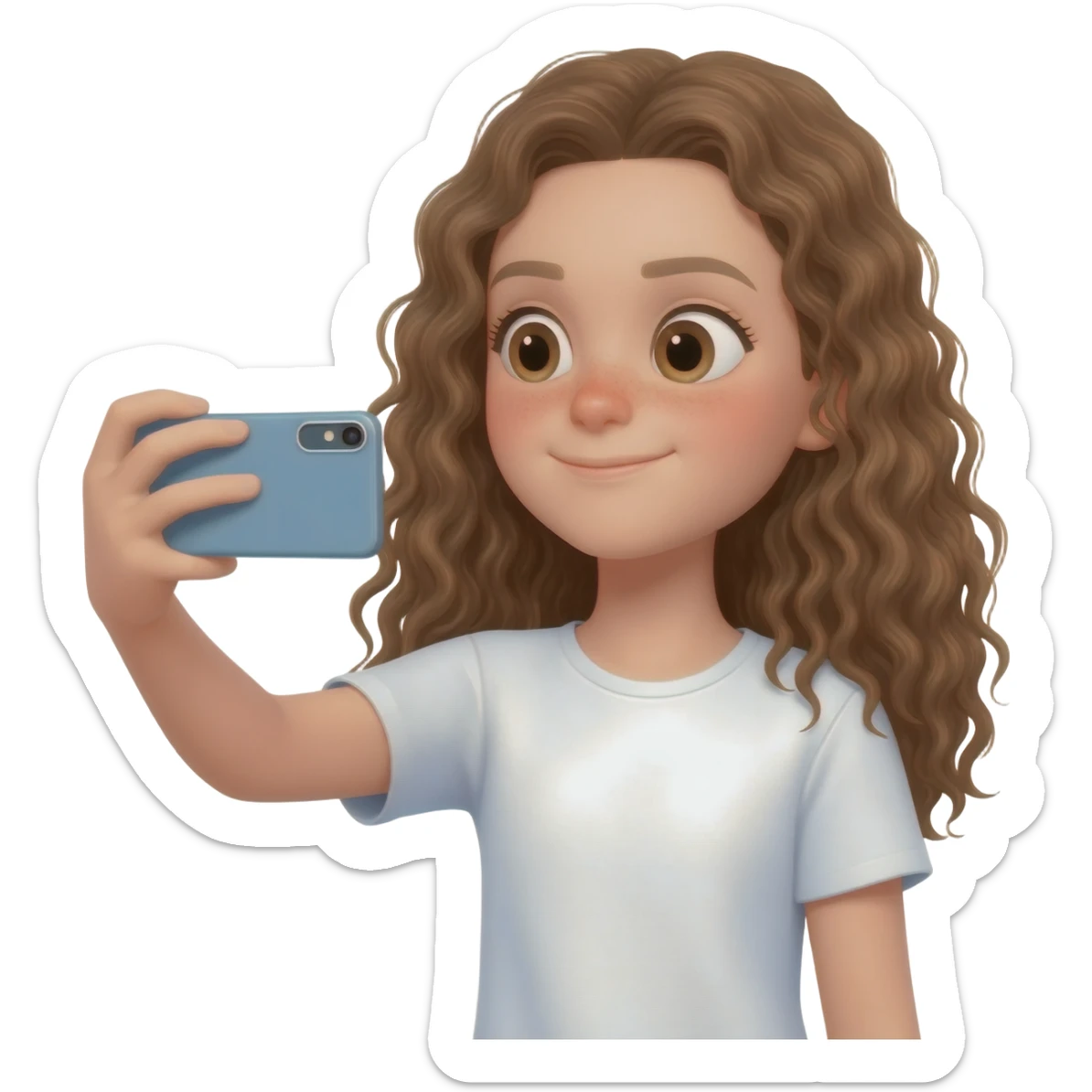 Menina branca,de olhos castanhos claros, com cabelos longos encaracolados gravando vídeo em um iPhone sticker