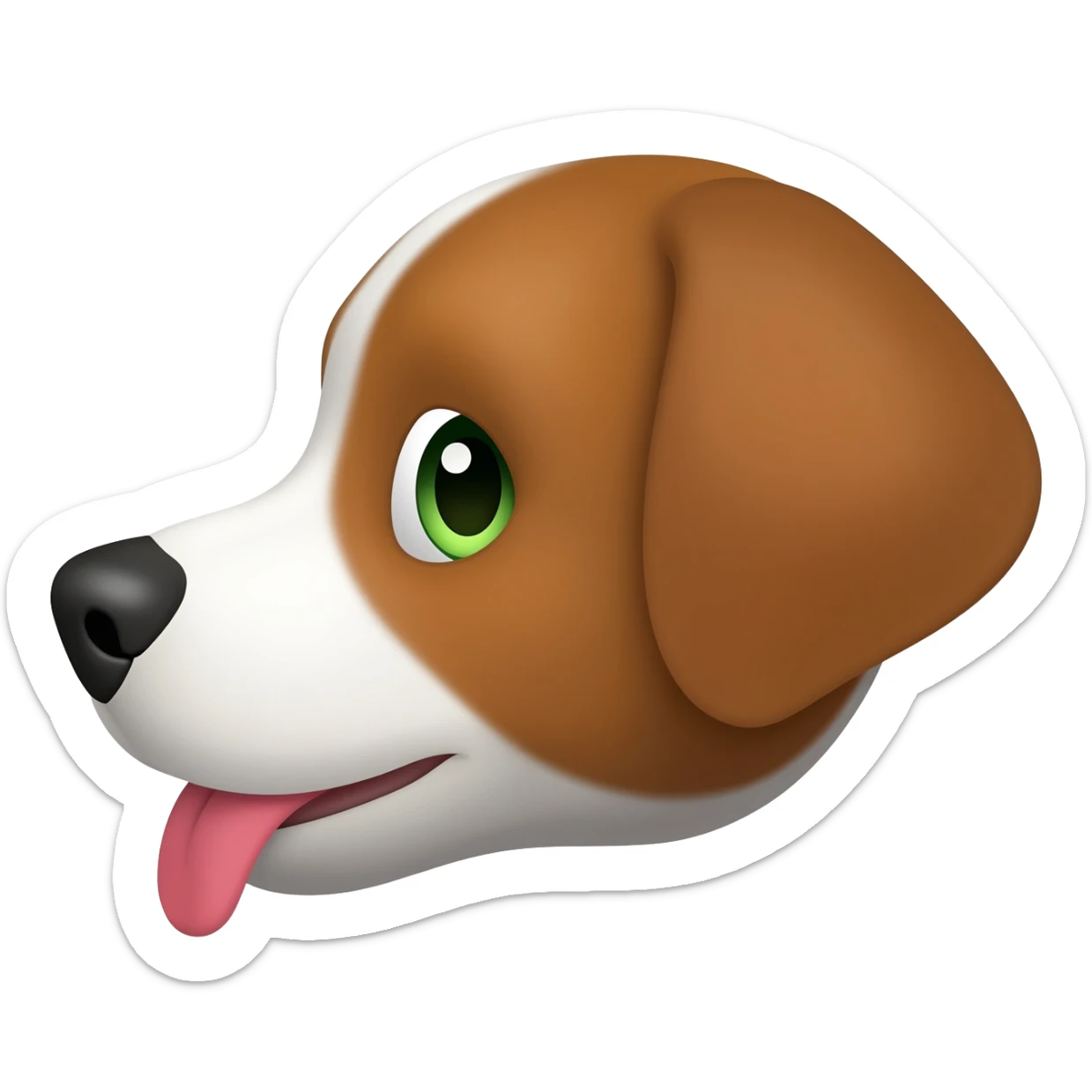Crea un emoji de un perrito marrón con blanco con las orejas puntiagudas pero caídas y de ojos verdes sacando la lengua Hacia un lado sticker