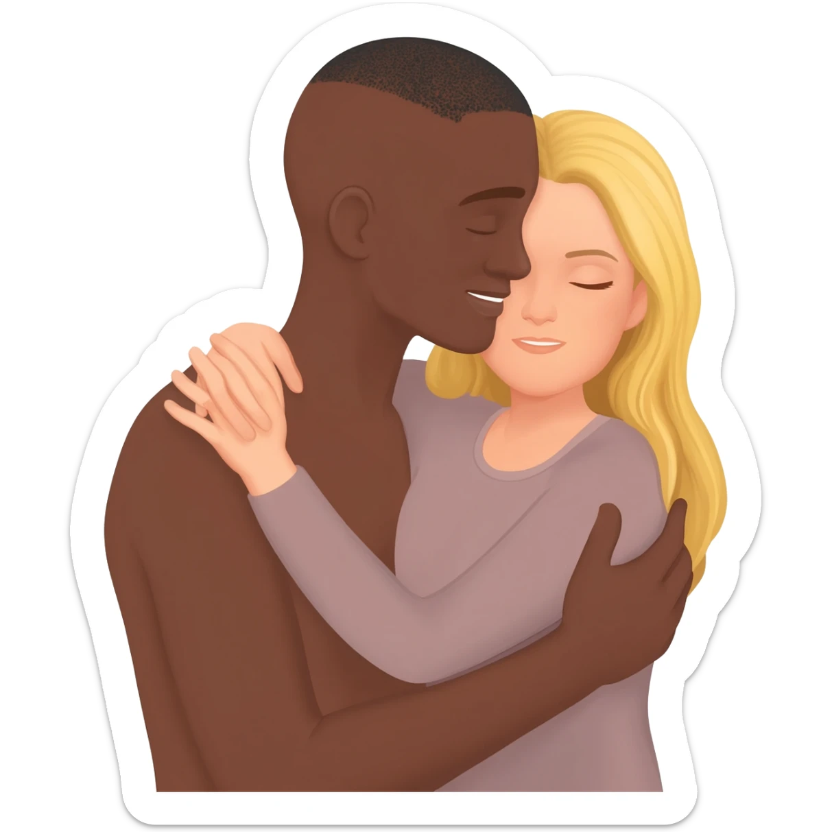 Black man with shaved head cuddling with blonde woman sticker