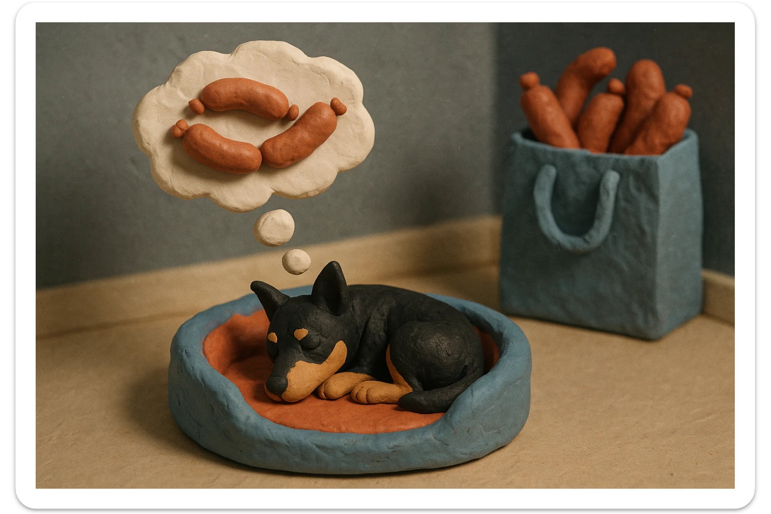 A small black and tan terrier dog curled up inside a fleece dog bed. the dog is dreaming about sausages. the room in the background is mainly coloured grey with a shopping bag in the background filled with lots of sausages sticker
