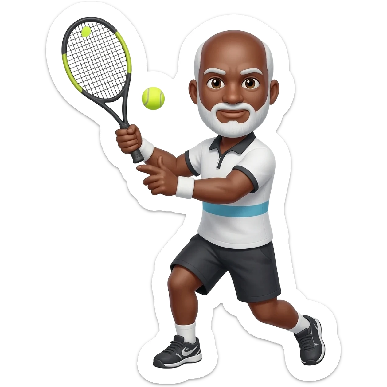 Right handed adult black male Tennis player bald male white short beard and mustache one demonstrating handed backhand sticker