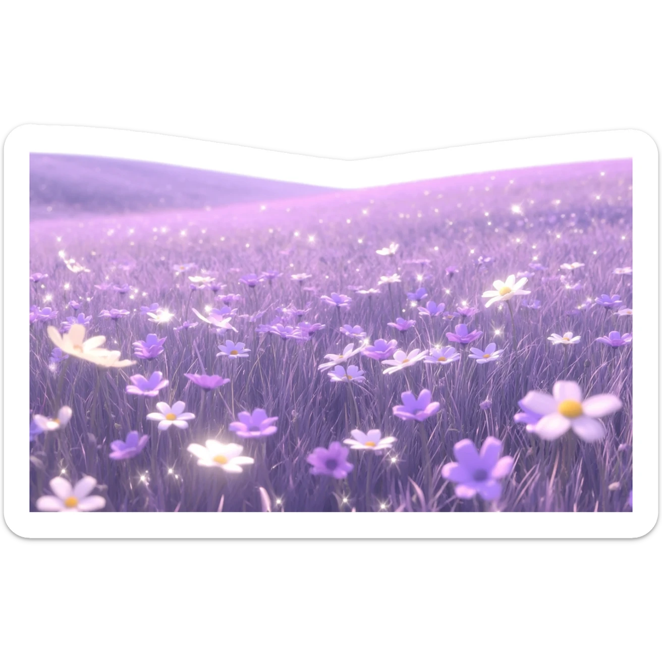 Shiny beautiful glossy purply pastel whitish light sparkly glittery sunny bright lavender lilac flower fields aesthetic scenery grass field cottagecore pastelcore lavendercore realistic real life landscape  sticker
