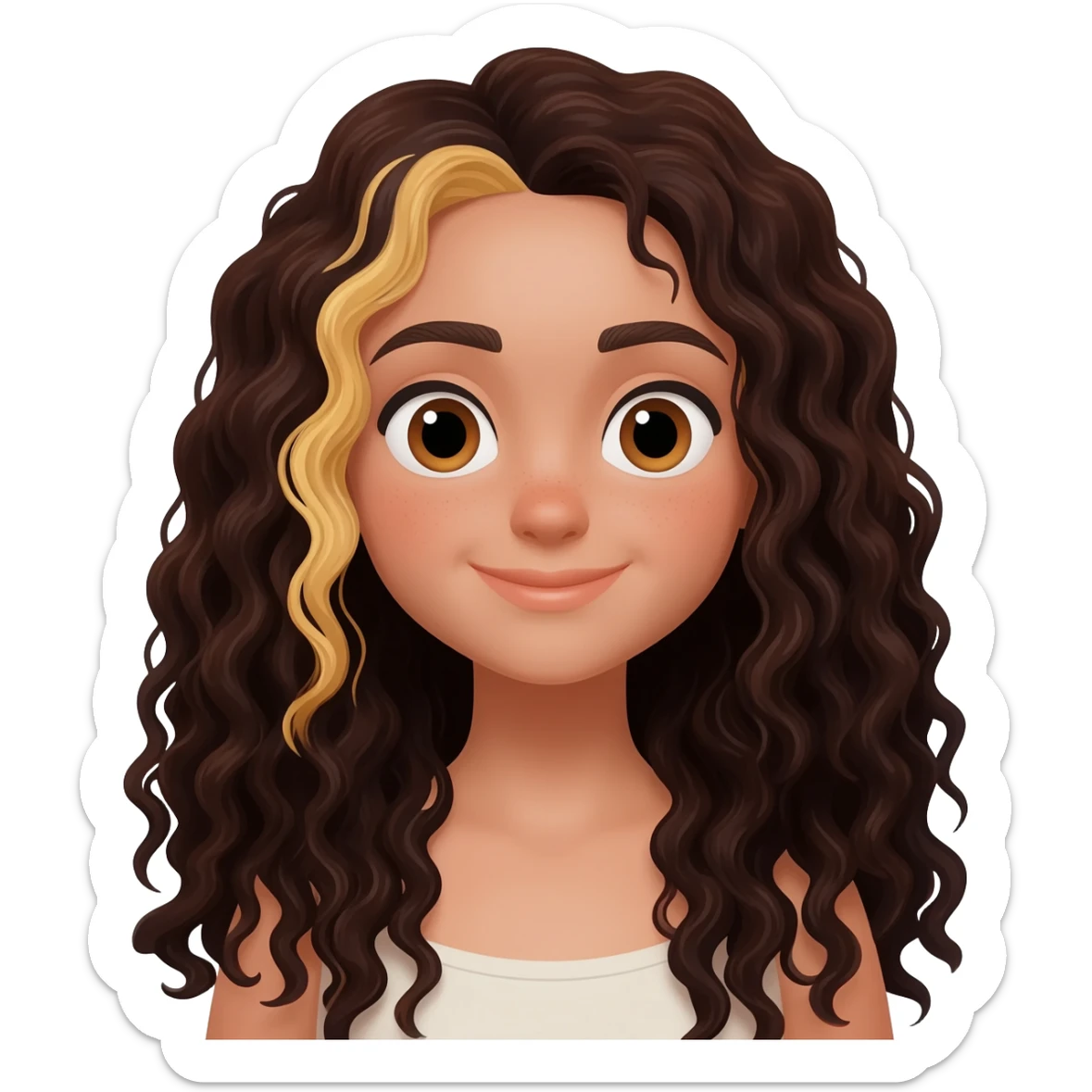 A girl with long dark brown curly hair blond streaks sticker
