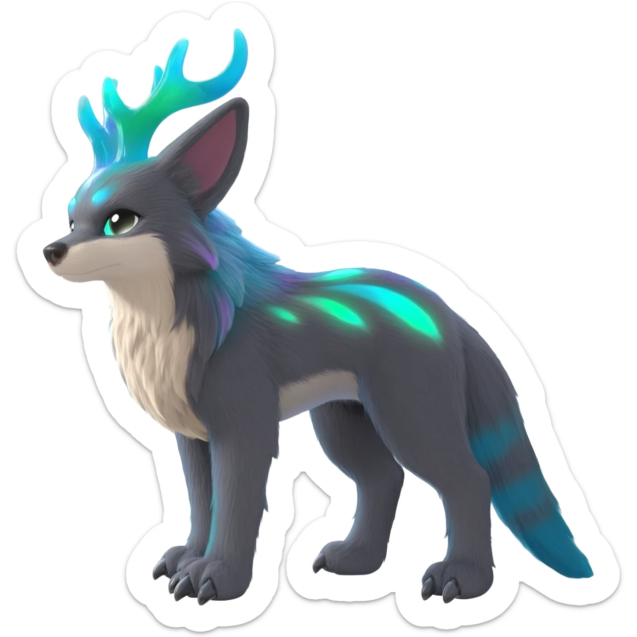Realistic sharpColorful translucent glowing Trico-Sergal-Furret-Ferret-Wolverine-Vernid-furry-fursona-fusion-Fakemon-animal-hybrid-creature, full body sticker