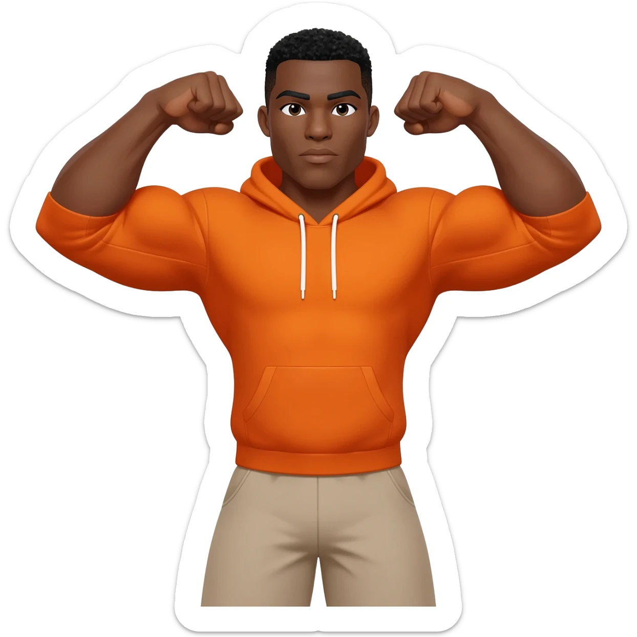 Black male look superstrong and big arms orange hoodie and beige short and black hair full body sticker
